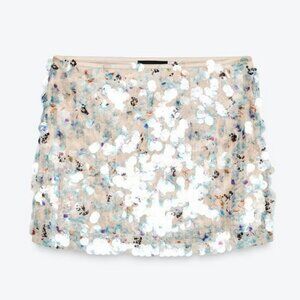 Zara Sequin Ecru/Blue Multi Mini Skirt NWT
